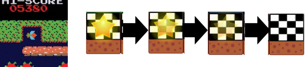 A fragment of a screenshot from Frogger showing the bug and sequence of fragmentary screenshots from my game showing the fading star.