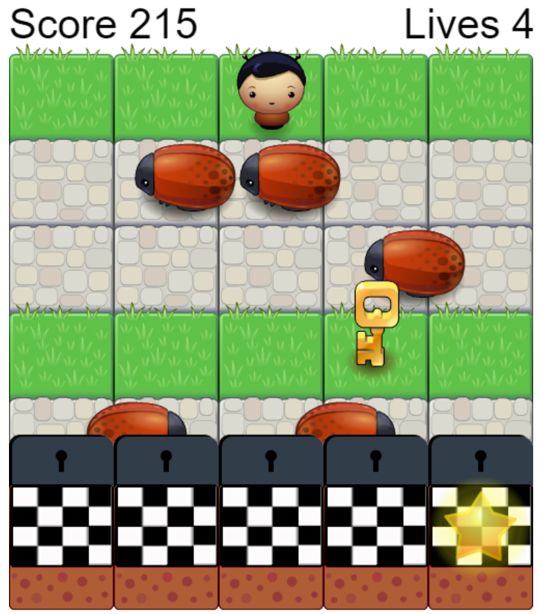 A screenshot from the game showing a level with an unlockable barrier and key.